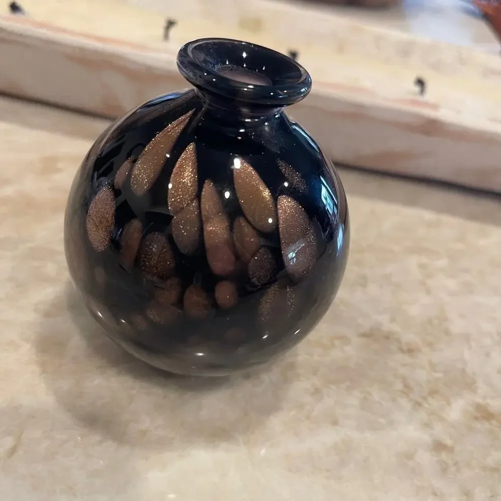 Vintage Murano Bud Vase Black and Gold 3-1/2” blown glass